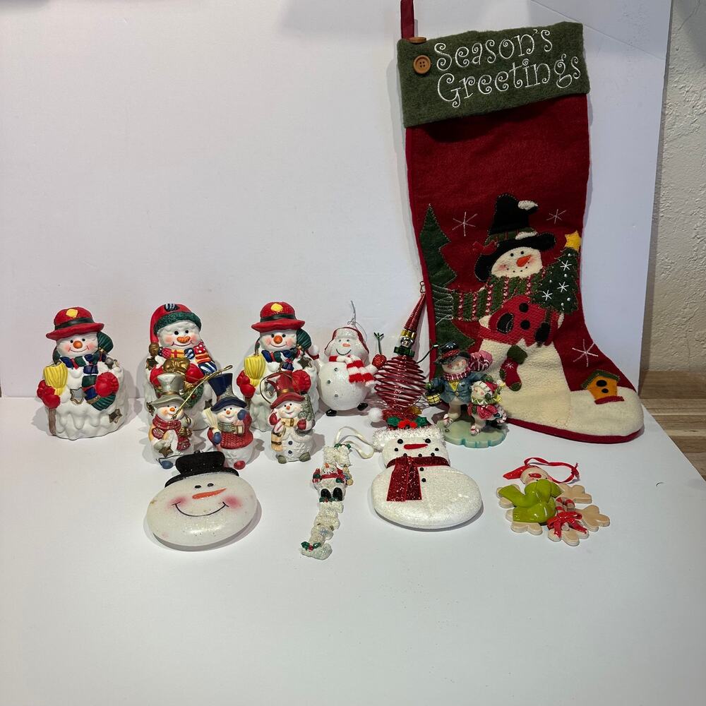 Snowman Decor 14 Piece Bundle Stocking Ornaments Figurine Vintage Christmas